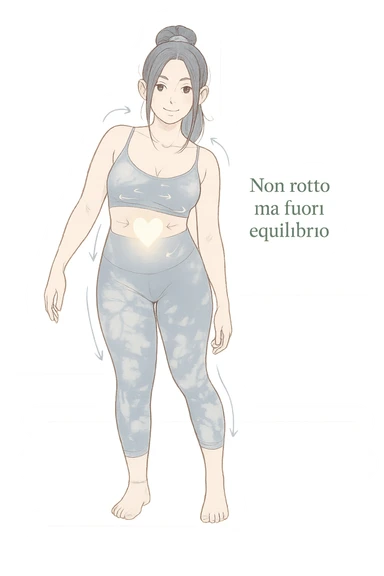 stile manga a woman stands in a relaxed pose, with a gentle, confident expression. Her body is shown with subtle, curved lines or arrows indicating areas of imbalance (such as a slight tilt in the shoulders or hips), but no signs of injury or damage. A soft glow or heart symbol at her core emphasizes resilience and the message “Non rotto, ma fuori equilibrio” The background is clean and clinical, with light blue tones. sticker