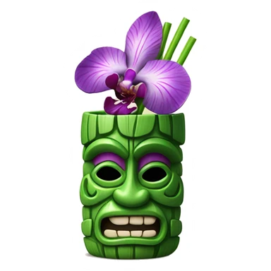 Green tiki mug with striped straw and purple orchid garnish sticker