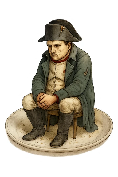 Сгенерируй мне такую же тарелку, только чтобы на ней сидел наполеон бонапарт, грустный, в чуть чуть рваной одежде. ТОРТ УБЕРИ ПОЛНОСТЬЮ. На прозрачной фоне. Наполеон должен быть цветной sticker