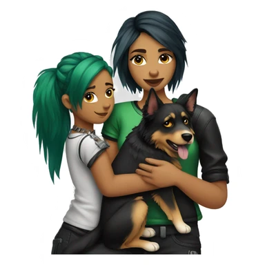punk girl with green and black hair hugging a german shepard dog and an australian shepard dog sticker