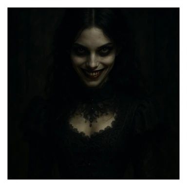 beautiful scary girl, enchanting yet menacing smile, dramatic lighting, supernatural beauty, gothic horror style sticker