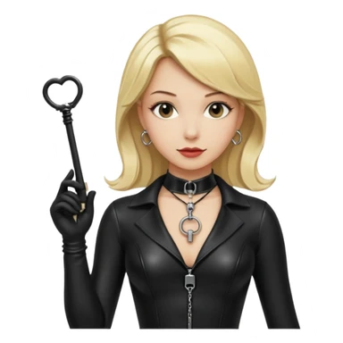 Dominatrix with blonde hair, latex outfit, old fashioned key necklace, and a whip sticker
