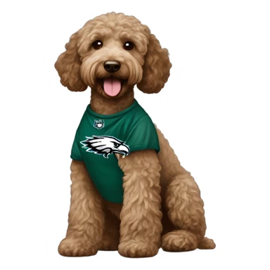  brown Labradoodle wearing a Philadelphia eagles shirt and a heart  sticker