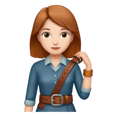 A woman holding a belt sticker