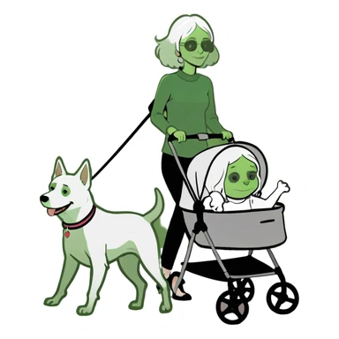 Lady walking white dog in stroller  sticker