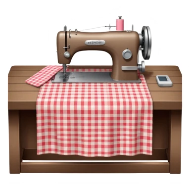 Hyperrealistic, handmade skirt, with a Gingham pattern print, laying across a table, with sowing machine, still life render, mirco-detailed, cottagecore sweet romantic vibe sticker