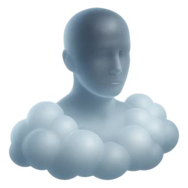 person looking straight ahead, shoulders filled with convex white fluffy clouds, matte glass style sticker