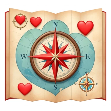 Folded cartography map with compass rose and scale, featuring red hearts as relationship markers and different symbols representing other meaningful life experiences, soft ethereal coloring sticker