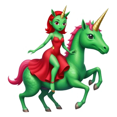 "reptilian green alien woman in red dress", rides unicorn
 sticker