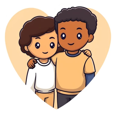 A couple with dark brown hair and mixed skin tone inside a white heart, wearing beige clothes sticker