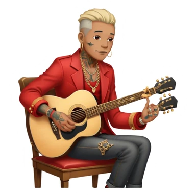 Icon for Chanson: Old chanson singer with tattoos, red jacket, gold chains, sitting on a chair with an acoustic guitar. The atmosphere should reflect a nostalgic, soulful vibe with vintage elements. Transparent background. sticker