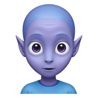 Portrait of an cute alien with smooth purple-blue skin, large black oval eyes, small nose, and visible ears, elongated head, front-facing, wearing blue t-shirt, soft glow, simple futuristic design sticker