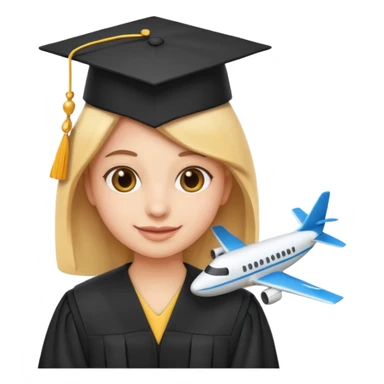 emoji student at university with graduation cap and airplane, happy, white background, sticker