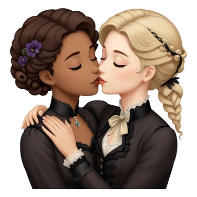 Victorian era lesbian couple kissing tenderly, eyes closed, different hair colors, wearing elegant dark period clothing sticker