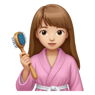 a girl with light skin and medium brown long hair with bangs who is brushing her hair with a hairbrush and she is wearing a light pink bathrobe sticker