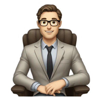 Pale skinned Fit Man With dark brown hair in gray jacket, beige office shirt and vintage glasses sitting In a soft chair with a notebook with emblem Ψ and a pen in his hands sticker
