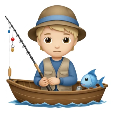 Little boy on a little boat fishing, felt texture, scrapbooking, precious moments style character sticker