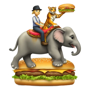 Tiger riding on an elephant riding on a hamburger sticker