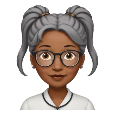 emoji of a black older women with black and gray hair in a ponytail with glasses and brown eyebrows sticker