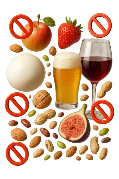 mozzarella, frutta legumi, frutta secca, birra e vino realistici fluttuano in aria con piccoli divieti 3d, IPERREALISTICO 4K sticker