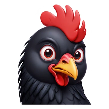 Cinematic Comical Black Chicken Portrait Emoji, Head tilted dramatically with an exaggeratedly amused expression, featuring a sleek, glossy black plumage with a bold red comb, wide, expressive beady eyes filled with playful disbelief, Simplified yet hilariously expressive features, highly detailed, glowing with a slightly sassy glow, high shine, dramatic yet playful, stylized with an air of cheeky mischief, bright and endearing, soft glowing outline, capturing the essence of a spirited and over-the-top chicken, so meme-worthy it feels like it could cluck its way into internet fame instantly! sticker