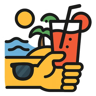 a hand with sunglasses holding a glass of fruit juice, beach background icon sticker
