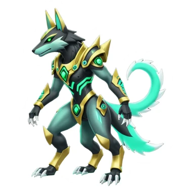 Black and green cyberpunk intricate neon glowing grey white futuristic cyborg-Anubis-Zeraora-Zoroark-fusion (full body) sticker