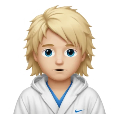 Create a blond boy with long, messy hair, light eyes, a white t-shirt, long hair, blue eyes, medium length, voluminous, wearing a white Nike bathrobe and a little blush near his nose. He also wears a balaclava, the kind a gangster balaclava wears, covering his entire face, and make him cute. sticker