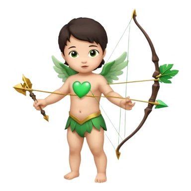 cupid asian baby flying full body with wings with brown eyes and dark hair handled bow and arrow directed to green heart and looking to heart sticker