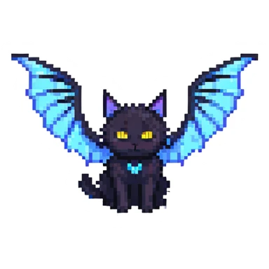 black cat with blue bat wings and glowing yellow eyes sticker