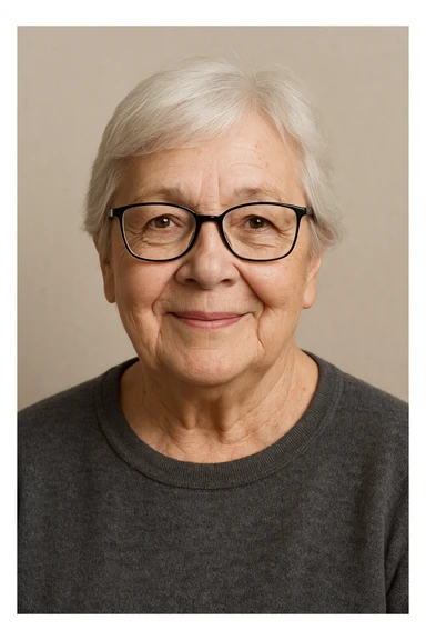 older woman with glasses, friendly expression, simple background sticker