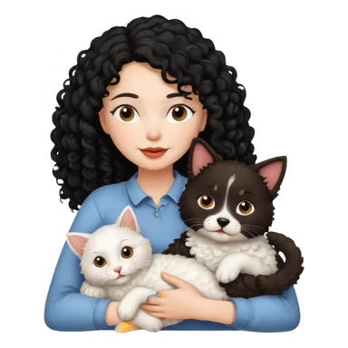 Moça branca com cabelo cacheado preto. Com um gato e um cachorro no colo sticker