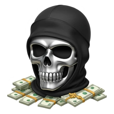 3D isometric icon, black tactical balaclava over a chrome skull, pile of abstract money, brutalist aesthetic, black background. sticker