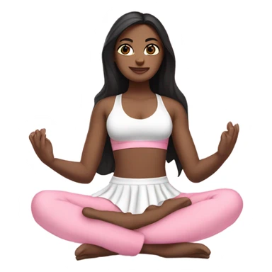 A white girl with brown eyes and black long hair,  is sitting in a lotus position in a pink bra top and short white skirts sticker