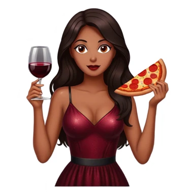 Beautiful woman in 1950’s woman fashion look, black shimmery dress, long dark brown hair, red wine, Pepperoni pizza sticker