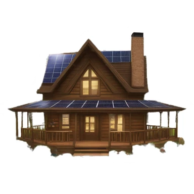 Skywalker Cabin is a clean Very big Wood Cabin near tree on the mountain in the background. The cabin is 5 stories tall with extensive solar arrays on top. The cabin sits on thick grass fields. porch lights on ,guests on porch smoking ,flowers and bushes  sticker