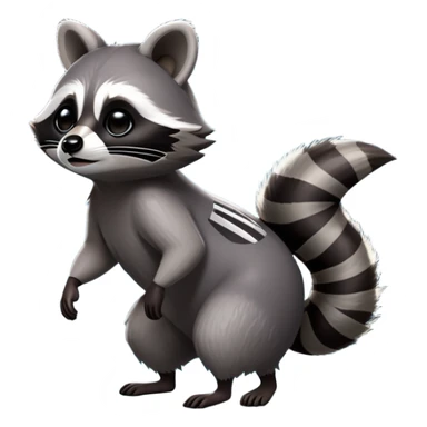 Cinematic-Raccoon-Realistic-Full-Body-Standing on all fours-Emoji – Tail flicking lazily, head tilted dramatically, thick grey fur with a signature black mask, sharp and alert ears, simplified yet realistic focused features, highly detailed, glowing with an almost sarcastic glow. sticker