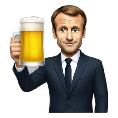 Emmanuel Macron holding a beer sticker