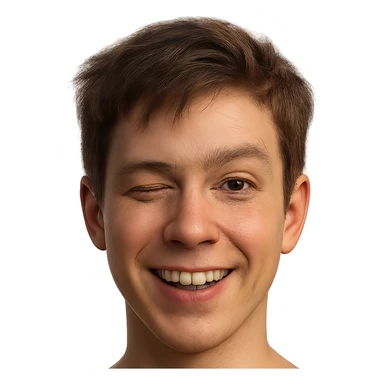 hyper-realistic emoji face of a young person with short tousled brown hair, light skin, winking, detailed skin texture, natural lighting, lifelike eyes, realistic facial features sticker