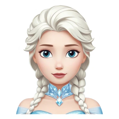 Cinematic Majestic Snow Queen Portrait Emoji, rendered in a clean, vector-style with bold, simplified shapes. Show Elsa with a serene, noble expression, luminous icy skin and gracefully styled platinum hair adorned with subtle crystalline accents, her attire minimal yet majestic. The design radiates a cool, crystalline glow with high shine and a soft glowing outline, embodying timeless, frosty elegance. sticker