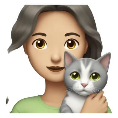  white woman with dark hair  and brown eyes cuddling grey cat with light green eyes  sticker