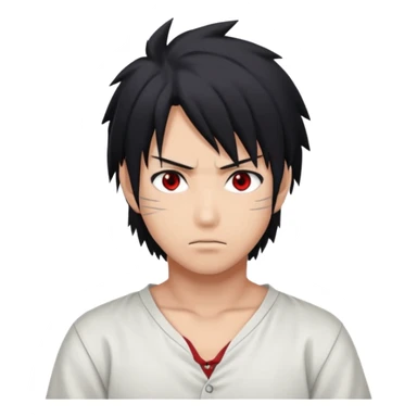 Sasuke Uchiha. White low cut shirt, dark hair, Sasuke hair, red eyes sticker