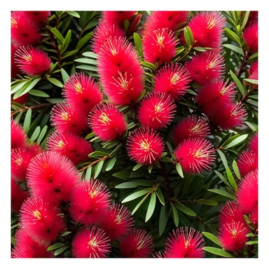 Cinematic Realistic Callistemon Emoji, Vibrant and striking, with spiky red flowers resembling a bottlebrush. The slender leaves create a fine backdrop to the bold blooms, while the plant exudes energy and vitality. Soft glowing outline, capturing the essence of strength, color, and natural beauty in a brilliant callistemon tree! sticker
