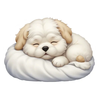 Cinematic Chubby Sleeping Wavy-Haired Maltese dog Portrait Emoji, Chubby and serene, with a round, adorable build and a soft, wavy-haired white coat, eyes gently closed in peaceful slumber, Simplified yet irresistibly endearing features, highly detailed, glowing with a gentle, dreamy glow, high shine, relaxed and content, stylized with a touch of whimsy, bright and heartwarming, soft glowing outline, capturing the essence of a blissfully sleepy companion, so comically serene it feels like it could roll out of the screen and snore with adorable charm! sticker