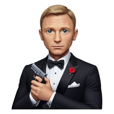 Cinematic Realistic James Bond Daniel Craig Portrait Emoji, depicted as the ultimate suave and enigmatic secret agent, donning a sharply tailored tuxedo, gripping a sleek handgun, with a piercing gaze that exudes confidence and danger. The scene is infused with moody, high-contrast cinematic lighting, evoking the thrilling world of espionage and intrigue. sticker