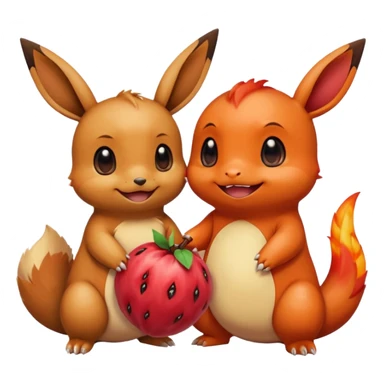 Eevee and Charmander sitting side by side, happily sharing a big fruit together. Both look joyful and friendly, drawn in a playful emoji-like cartoon style. sticker