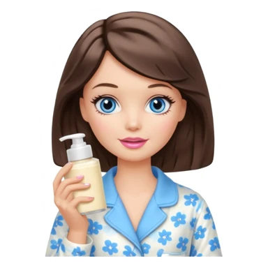 Barbie girl with makeup, blue eyes , and bob long haircut wavy, short brown hair in creamy color pajamas, face cream in hand sticker