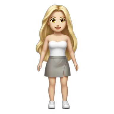 hyperrealistic caucasian long blonde hair brown eyes woman white v-neck strapless top gray tight mini skirt walking towards camera sticker