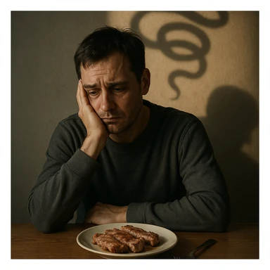 realistic scene: man with depressed expression sitting at table, plate of pork meat in front, shadow of a tapeworm wrapped around head, psychological atmosphere, 4K quality sticker