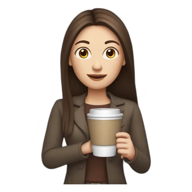 woman with long straight brown hair and pale skin holding a laptop and a coffee mug sticker
